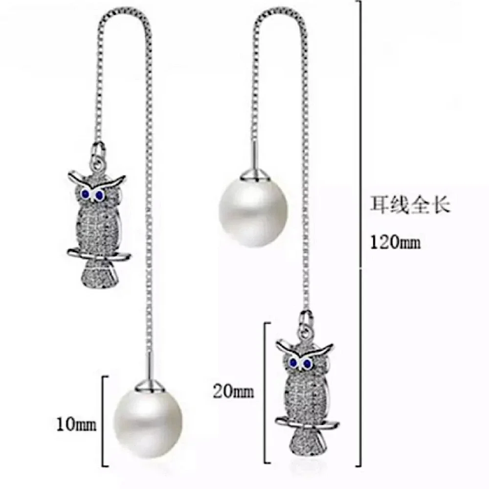 Sterling Silver Owl, Pearl Long Earrings